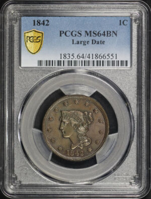 Obverse of this 1842 Braided Hair Cent Large Date PCGS MS-64 BN
