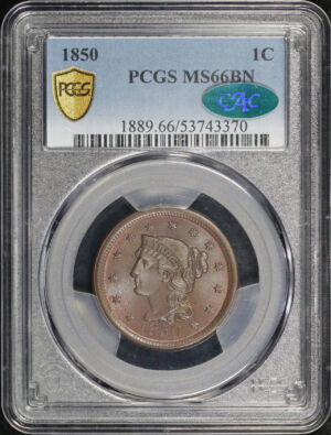 Obverse of this 1850 Braided Hair Cent PCGS MS-66 BN CAC