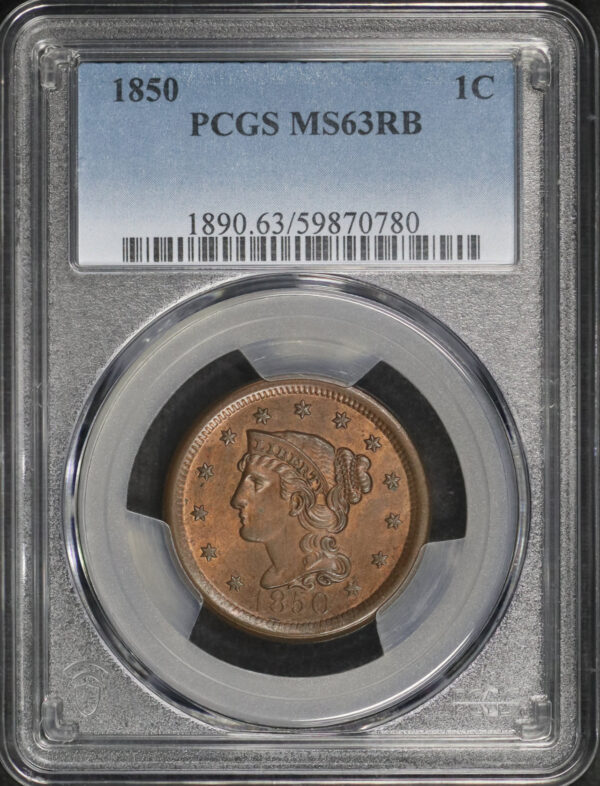 Obverse of this 1850 Braided Hair Cent PCGS MS-63 RB