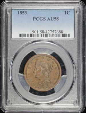 Obverse of this 1853 Braided Hair Cent PCGS AU-58 BN
