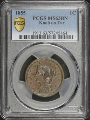 Obverse of this 1855 Braided Hair Cent Knob on Ear PCGS MS-63 BN