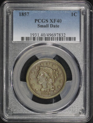 Obverse of this 1857 Small Date Braided Hair Cent PCGS XF-40 BN