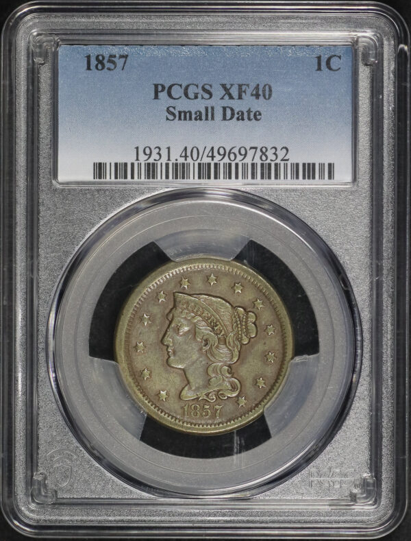 Obverse of this 1857 Small Date Braided Hair Cent PCGS XF-40 BN