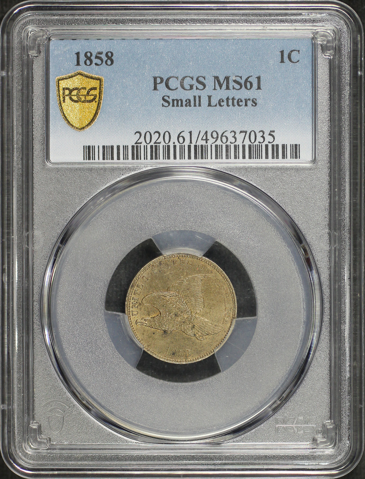 Obverse of this 1858 Flying Eagle Cent Small Letters PCGS MS-61