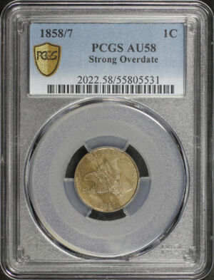 Obverse of this 1858/7 Flying Eagle Cent Strong Overdate PCGS AU-58