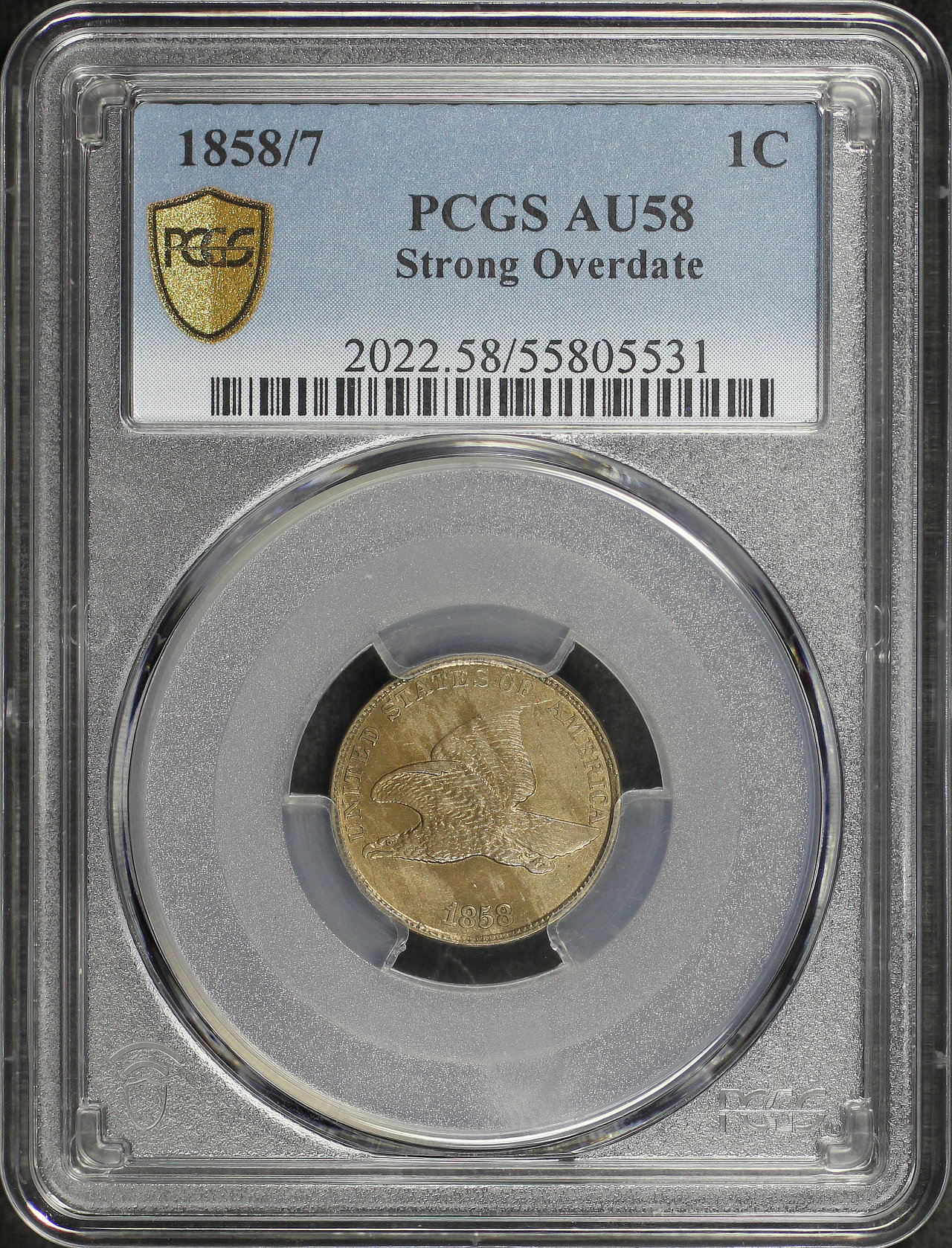 Obverse of this 1858/7 Flying Eagle Cent Strong Overdate PCGS AU-58