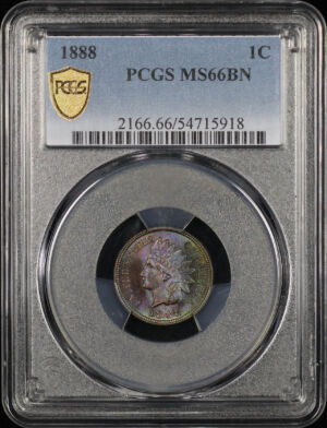 Obverse of this 1888 Indian Cent PCGS MS-66 BN Rainbow Toning
