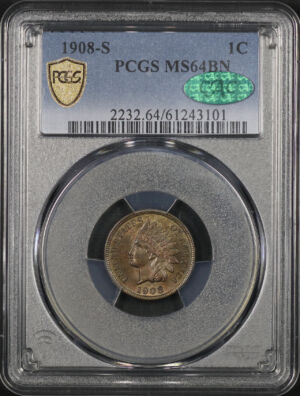Obverse of this 1908-S Indian Cent PCGS MS-64 BN CAC