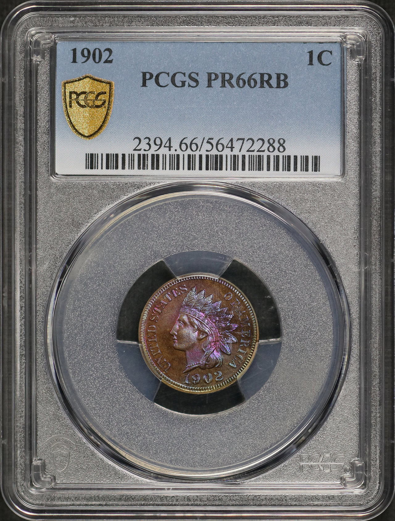 Obverse of this 1902 Indian Cent PCGS PR-66 RB Blueberry Obverse Monster Toning