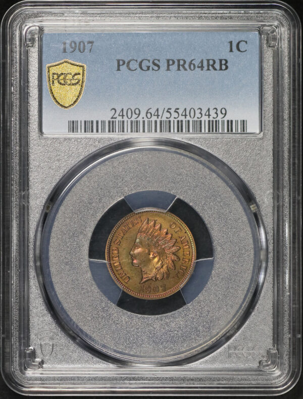 Obverse of this 1907 Indian Cent PCGS PR-64 RB Red & Green Toning. 