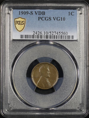 Obverse of this 1909-S VDB Lincoln Cent Wheat Reverse PCGS VG-10 BN
