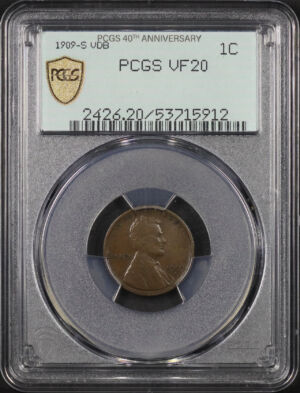 Obverse of this 1909-S VDB Lincoln Cent Wheat Reverse PCGS VF-20 BN 40th Anniversary Old Green Holder