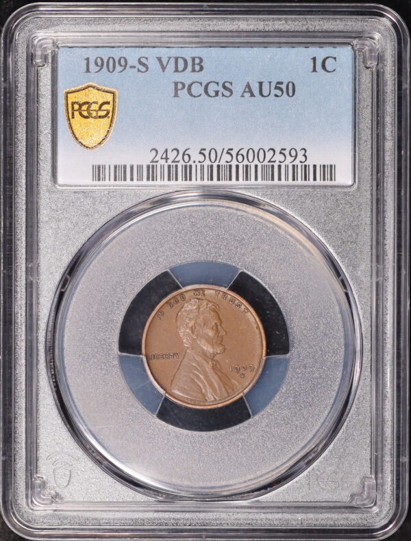 Obverse of this 1909-S VDB Lincoln Cent Wheat Reverse PCGS AU-50 BN