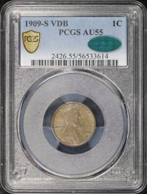 Obverse of this 1909-S VDB Lincoln Cent Wheat Reverse PCGS AU-55 CAC