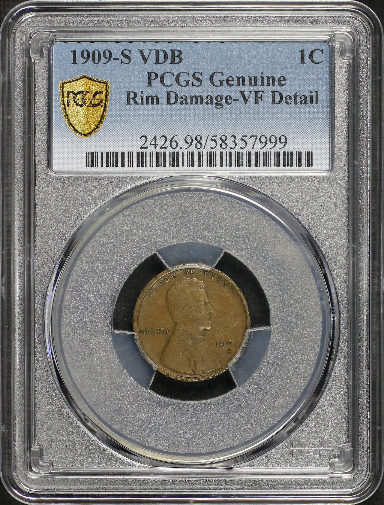 Obverse of this 1909-S VDB Lincoln Cent Wheat Reverse PCGS VF Details Damaged