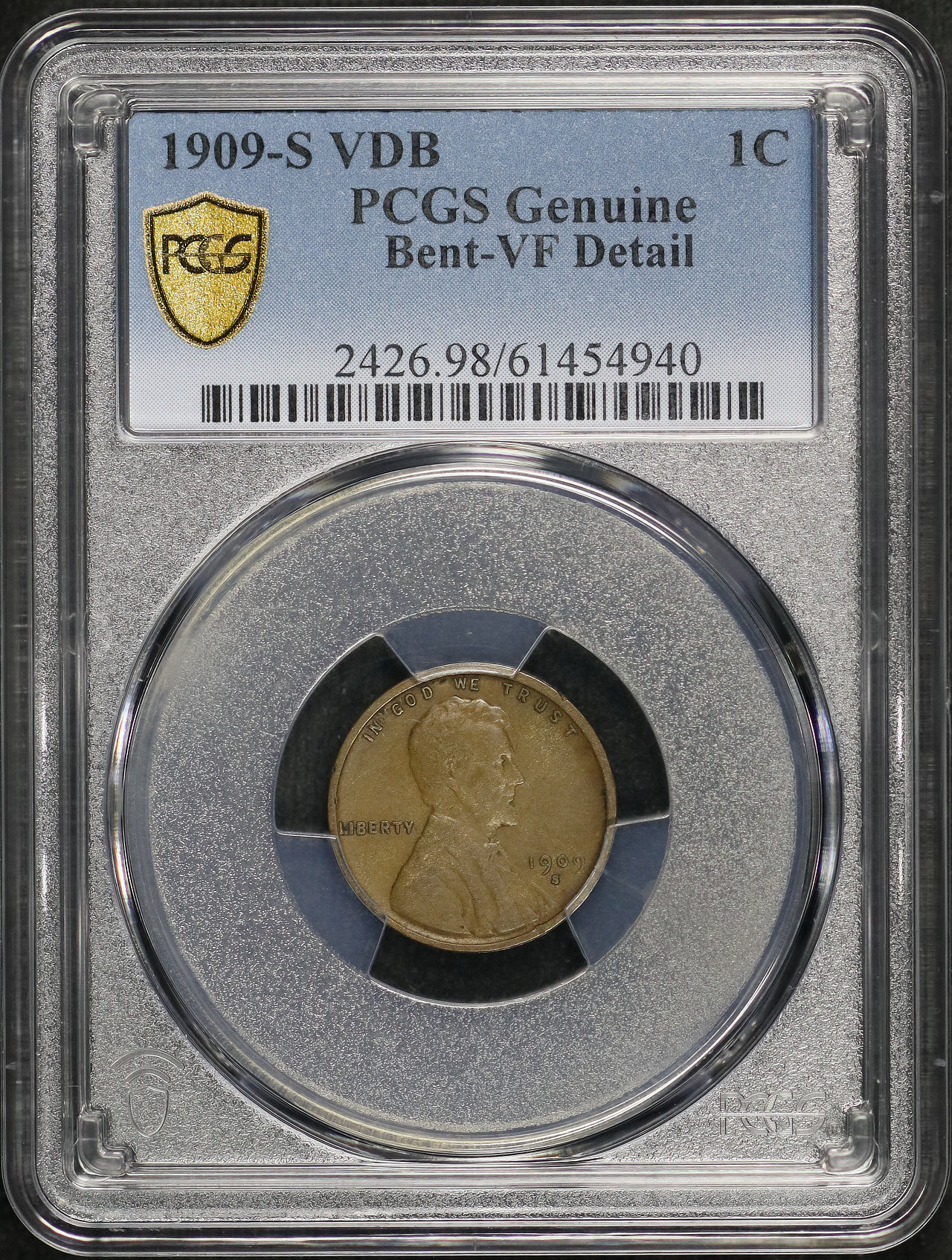 Obverse of this 1909-S VDB Lincoln Cent Wheat Reverse PCGS VF Details Bent