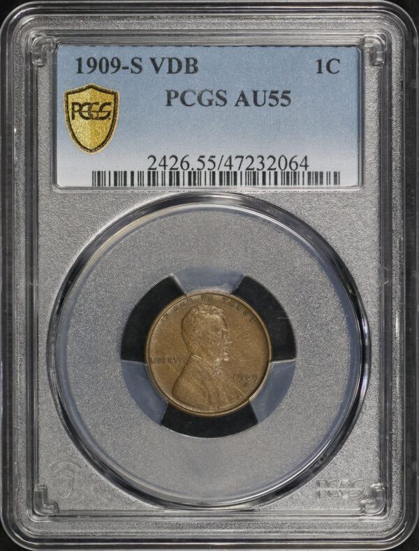 Obverse of this 1909-S VDB Lincoln Cent Wheat Reverse PCGS AU-55