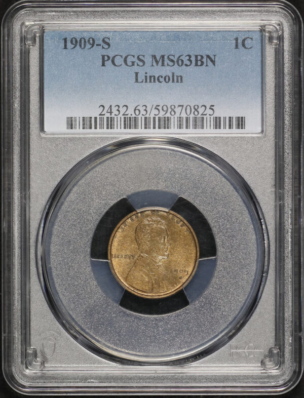 Obverse of this 1909-S Lincoln Cent Wheat Reverse PCGS MS-63 BN