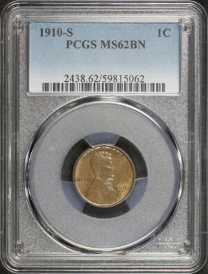 Obverse of this 1910-S Lincoln Cent Wheat Reverse PCGS MS-62 BN