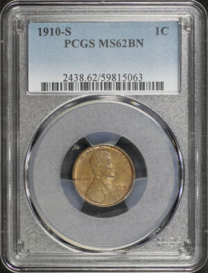 Obverse of this 1910-S Lincoln Cent Wheat Reverse PCGS MS-62 BN