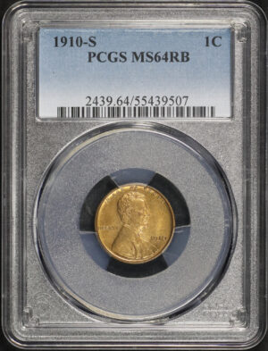 Obverse of this 1910-S Lincoln Cent Wheat Reverse PCGS MS-64 RB