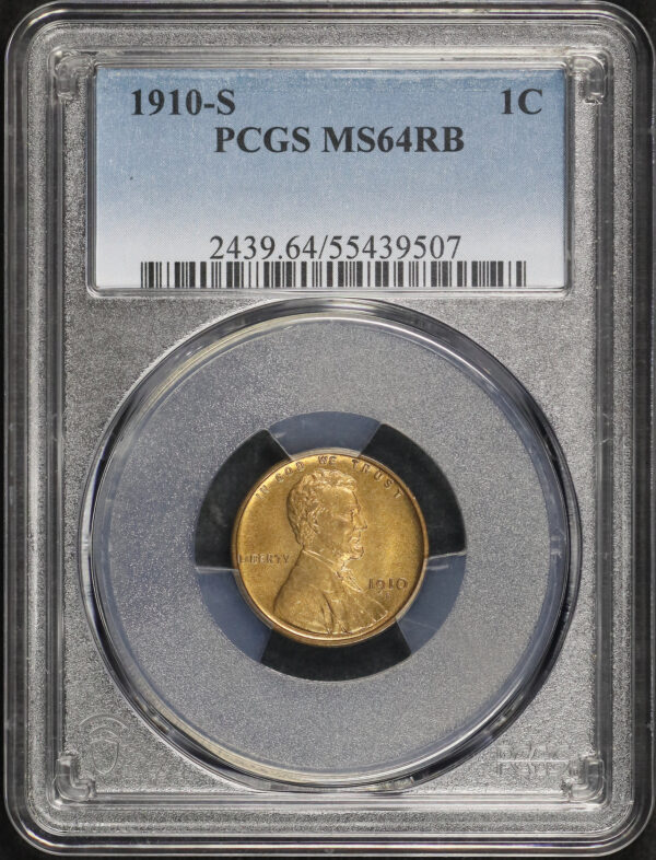 Obverse of this 1910-S Lincoln Cent Wheat Reverse PCGS MS-64 RB