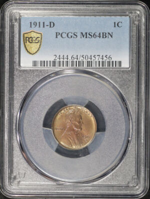 Obverse of this 1911-D Lincoln Cent Wheat Reverse PCGS MS-64 BN