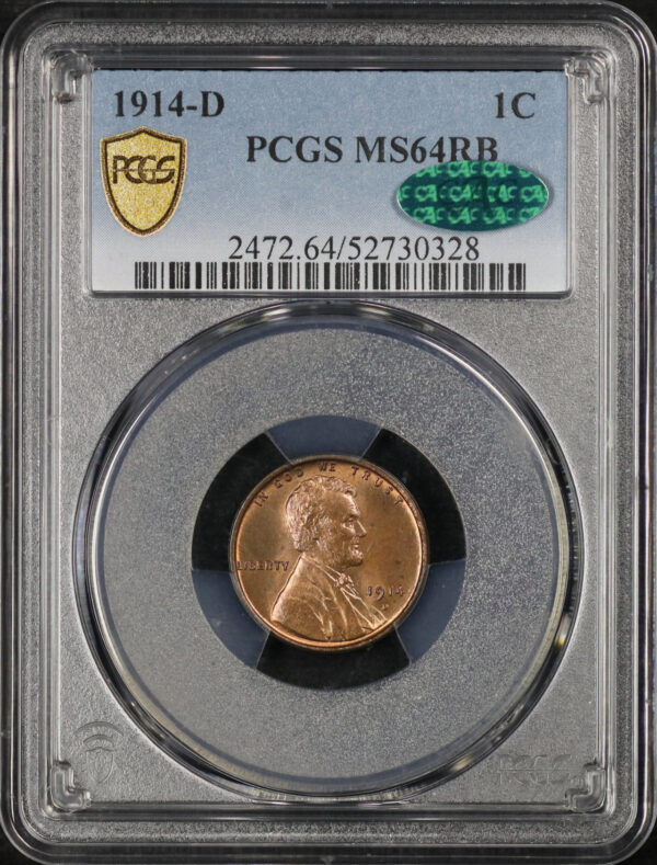 Obverse of this 1914-D Lincoln Cent Wheat Reverse PCGS MS-64 RB CAC