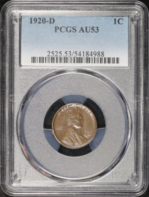 Obverse of this 1920-D Lincoln Cent Wheat Reverse PCGS AU-53 BN