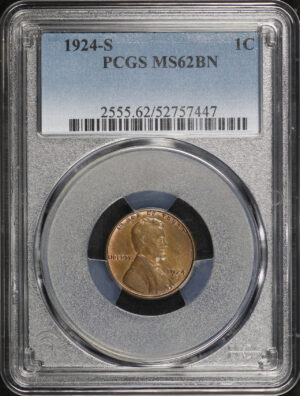Obverse of this 1924-S Lincoln Cent Wheat Reverse PCGS MS-62 BN