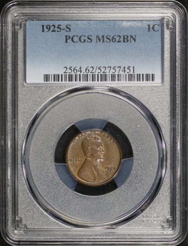 Obverse of this 1925-S Lincoln Cent Wheat Reverse PCGS MS-62 BN