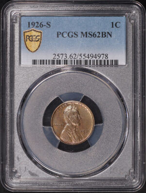 Obverse of this 1926-S Lincoln Cent Wheat Reverse PCGS MS-62 BN