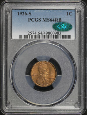 Obverse of this 1926-S Lincoln Cent Wheat Reverse PCGS MS-64 RB CAC