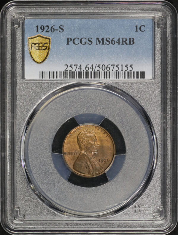 Obverse of this 1926-S Lincoln Cent Wheat Reverse PCGS MS-64 RB