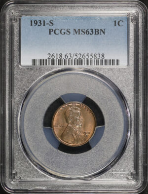 Obverse of this 1931-S Lincoln Cent Wheat Reverse PCGS MS-63 BN