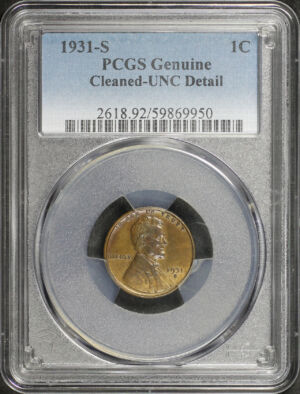 Obverse of this 1931-S Lincoln Cent Wheat Reverse PCGS UNC Details Cleaned