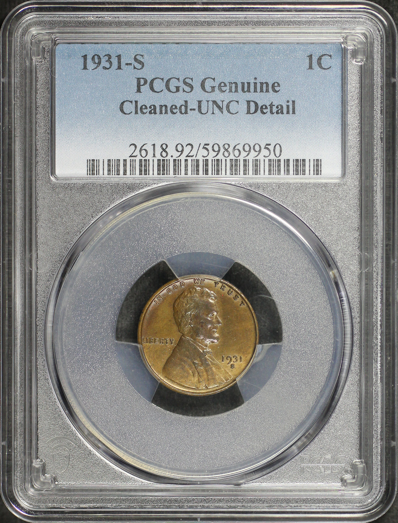 Obverse of this 1931-S Lincoln Cent Wheat Reverse PCGS UNC Details Cleaned