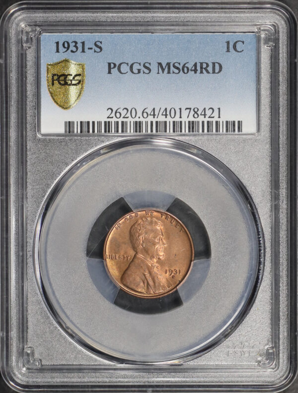 Obverse of this 1931-S Lincoln Cent Wheat Reverse PCGS MS-64 RD