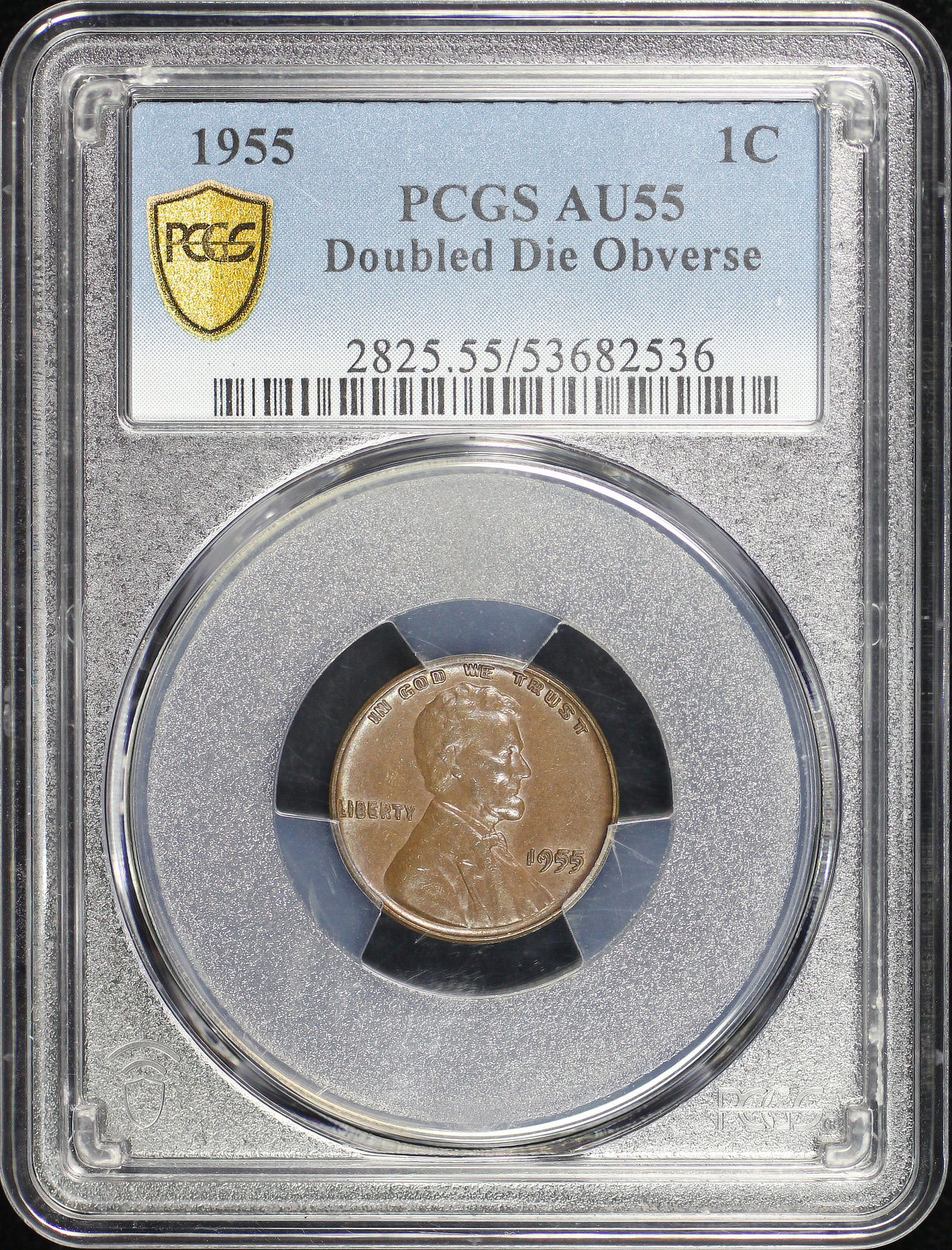 Obverse of this 1955 Lincoln Cent Wheat Reverse Doubled Die Obverse PCGS AU-55 BN