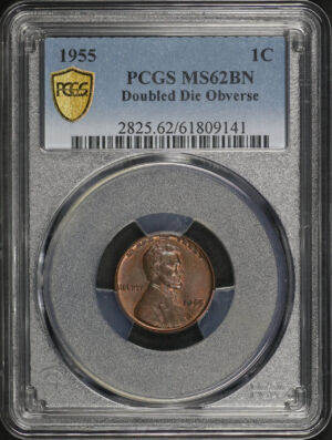 Obverse of this 1955 Doubled Die Obverse Lincoln Cent Wheat Reverse PCGS MS-62 BN