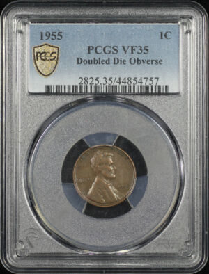 Obverse of this 1955 Doubled Die Obverse Lincoln Cent Wheat Reverse PCGS VF-35 BN