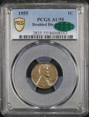 Obverse of this 1955 Lincoln Cent Wheat Reverse Doubled Die Obverse PCGS AU-55 BN CAC