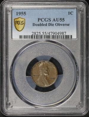Obverse of this 1955 Doubled Die Obverse Lincoln Cent Wheat Reverse PCGS AU-55 BN