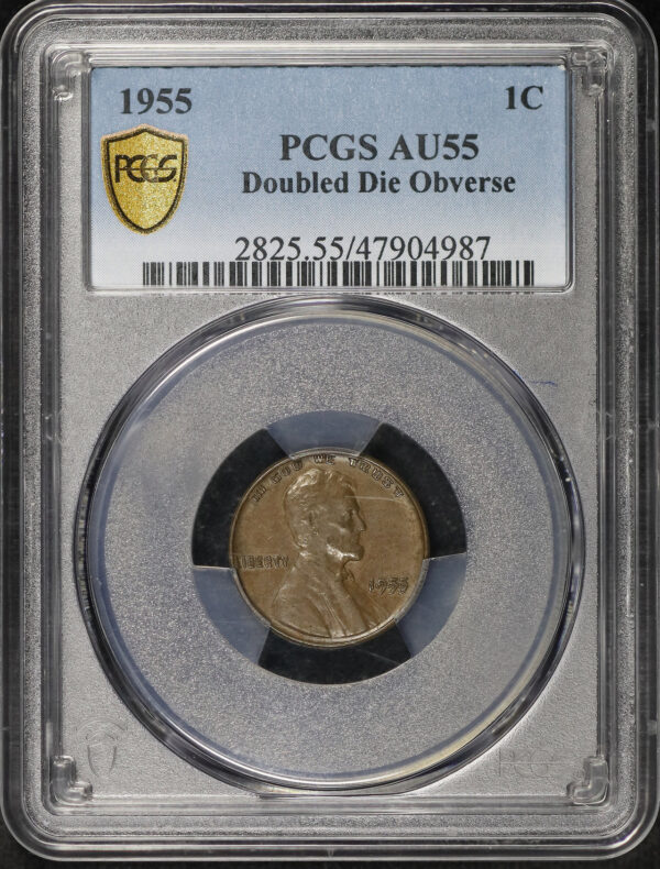 Obverse of this 1955 Doubled Die Obverse Lincoln Cent Wheat Reverse PCGS AU-55 BN