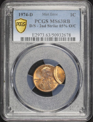 Obverse of this 1974-D Lincoln Cent Modern PCGS MS-63 RB Mint Error D/S 2nd Strike 85% O/C