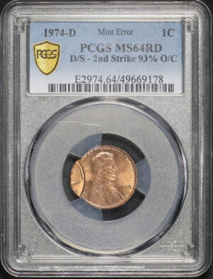 Obverse of this 1974-D Lincoln Cent Modern PCGS MS-64 RD Mint Error D/S 2nd Strike 93% O/C