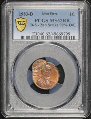 Obverse of this 1983-D Lincoln Cent Modern PCGS MS-62 RB Mint Error D/S 2nd Strike 90% O/C