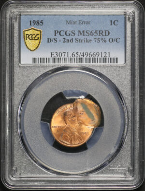 Obverse of this 1985 Lincoln Cent Modern PCGS MS-65 RD Mint Error D/S 2nd Strike 75% O/C