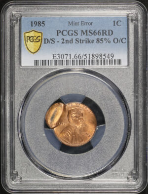 Obverse of this 1985 Lincoln Cent Modern PCGS MS-66 RD Mint Error D/S 2nd Strike 85% O/C