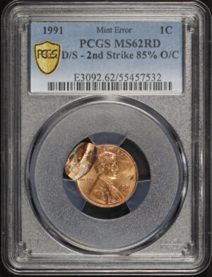 Obverse of this 1991 Lincoln Cent Modern PCGS MS-62 RD Mint Error D/S 2nd Strike 85% O/C